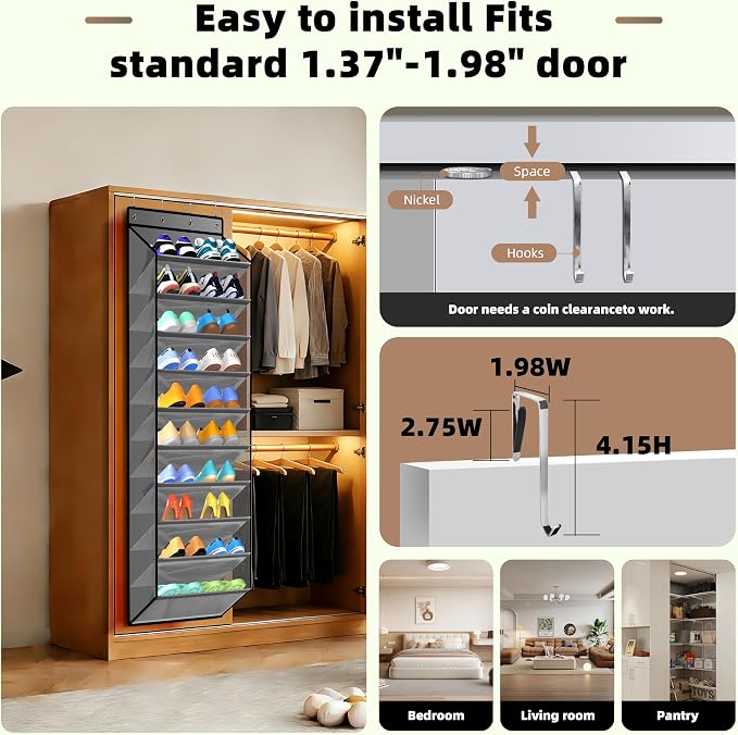 PAULONE 10-Pocket Multi-Use Over the Door Organizer, Heavy Duty 95lbs Capacity with Breathable Mesh, Versatile Hanging Storage for Shoes, Toys, Office Supplies-Classic (Slate Grey, 10-Shelf,)