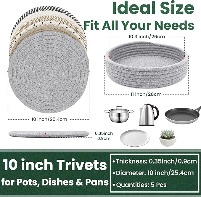 10 Inch Trivets for Hot Dishes, Hot Pots and Pans, 5 Pcs | Comes with Storage Basket, Extra Large Thick Heat Resistant, Large Coaster, Hot Pads, Pot Holders for Countertop