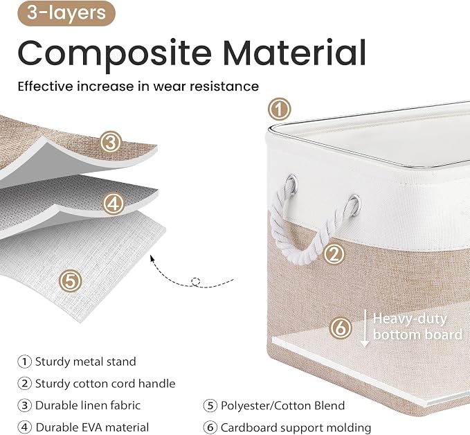Large Storage Baskets- 15x11x10 inch Storage Bins for Shelves and Closet Organizing, Foldable Fabric Bin for Home Organization Clothes and Laundry (3-Pack, White&Khaki)