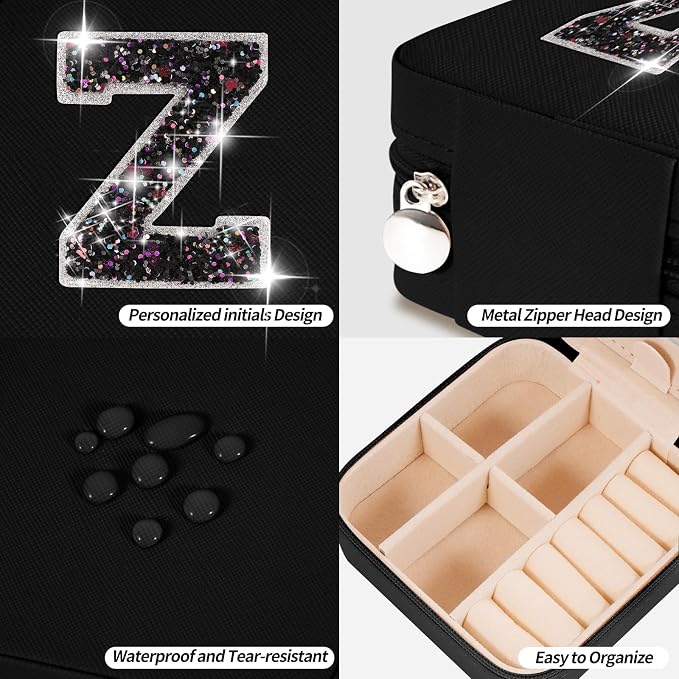 Uygafly Personalized Jewelry Case for Women Girls - Fashion Mini Jewelry Boxes - Trendy Travel Jewelry Organizer with Initials Letter - Teen Gifts | Black,Z