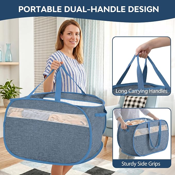 100L Collapsible Laundry Baskets, Foldable Dual Handles Laundry Hamper Blue | Lightweight, Easy to Carry, Up and Downstairs, Tear-Proof, Space-saving, for Laundry Room, Bedroom, Bathroom, Travel, Dorm