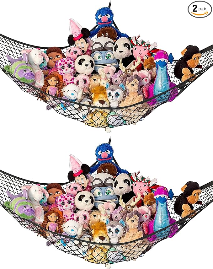 Stuffed Animal Hammock XL 2 Pack | Corner Stuffed Animal Storage & Plushie Net | Extra Large Toy Hammock for Stuffed Animals | Easy Hang, Hardware Included | Black Bedroom Decor | by Lilly's Love