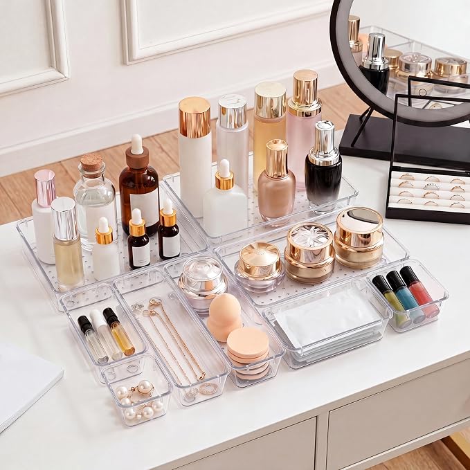 44 Pcs Makeup Drawer Organizer Set, 4 Sizes Versatile Vanity Drawer Organizer for Makeup, Non-Slip Desk Organizer Trays for Bathroom, Bedroom, Office, Fits Jewelry and Office Supplies