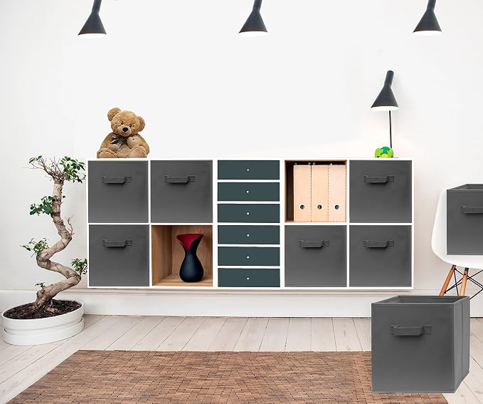Fabric Storage Cubes - 8 Pack - Cube Storage Organizer Bins | Handles on Both Sides | Foldable Cube Storage Bin for Home, Kids Room, Nursery and Playroom | Closet and Toys (Dark Grey - 8