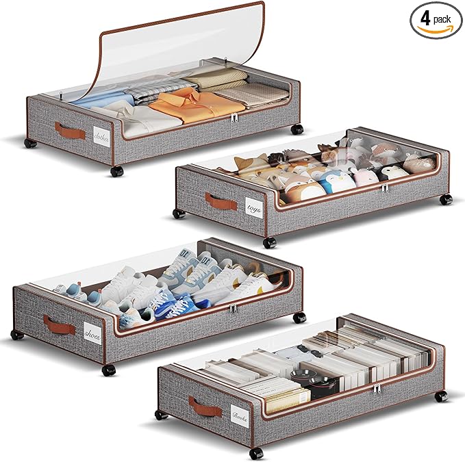 Yecaye Under Bed Storage with Wheels, 4 Pack Under the Bed Storage Containers with Lids & Label, XXL 60 L Rolling Underbed Storage Drawers for Clothes, Blankets, Shoes