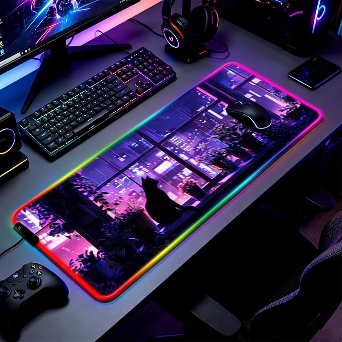 RGB Japanese Anime Cute Cat and Plant Gaming Desk Mat, Computer Keyboard Large Extended Kawaii Animal LED Mouse Pad for Office and Home, 31.5×11.8 Inches, XL, Purple