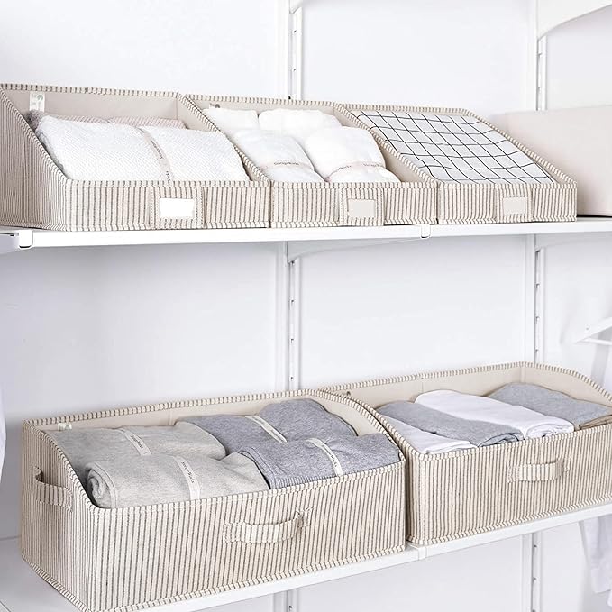 StorageWorks Closet Storage Bins, Trapezoid Organizer Box for Shelves, Fabric Clothes Bin, Foldable Organizing Baskets with Handles, Large, Khaki and Beige Stripes, 3-Pack