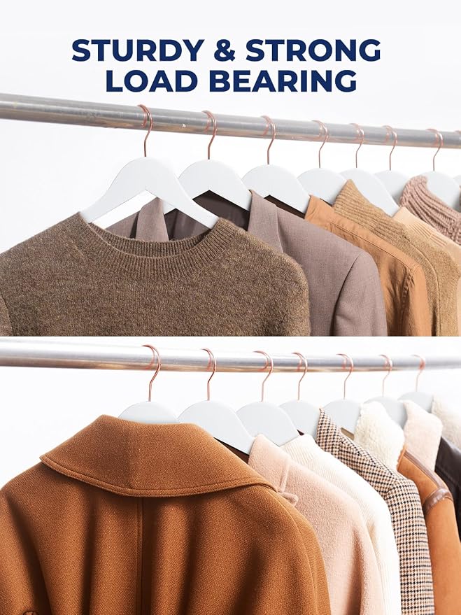 Smartor White Wooden Hangers 20 Pack, Solid Wood Coat Hanger for Closet, Heavy Duty Wood Hangers for Suits, Shirts, Dresses, with 360° Rose Gold Hook, Non Slip Pant Bar