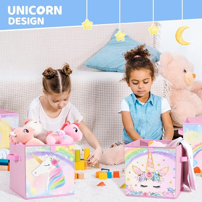WERNNSAI Cube Storage Bins - 4 Pack Fabric Foldable Storage Cube Organizer for Kids Decorative Storage Baskets with Handles 11" x 11" Home Closet Nursery Room Bedroom (Unicorn)