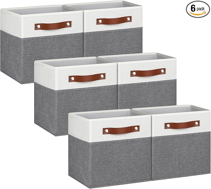 11 Inch Cube Storage Bin - 6 Pack - Linen Fabric 11x11 Cube Storage Bins for Bedroom, Living Room, Clothes and Toys; Foldable, Dual Leather Handles
