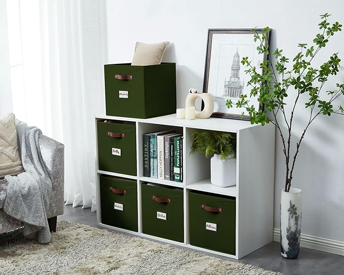 DECOMOMO Storage Bins, Storage Baskets for Shelves | 13" x 15" x 13" Storage Cube Bins with Labels for Organizing Shelves (Kallax, 4pcs, Olive Green)