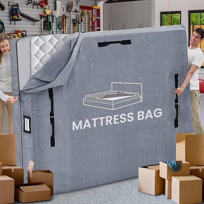 Mattress Bags for Moving and Storage, BETU Waterproof Mattress Protector Full XL Mattress Cover with 8 Heavy Duty Handles and Zipper Extra Thick Moving Supplies for Bed Reusable (82x57x13.5 Grey)