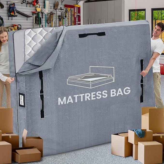 Mattress Bags for Moving and Storage, BETU Full Size Waterproof Mattress Protector Mattress Cover with 8 Heavy Duty Handles and Zipper Extra Thick Moving Supplies for Bed (2 Pack:77x57x13.5 Grey)