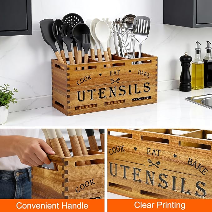 Large Acacia Wood Cooking Utensil Holder for Kitchen Spatula Spoon Holder | Wooden Utensil Organizer Countertop Kitchen Utensil Crock Tool Holder Rustic Silverware Caddy Country Kitchen Counter Decor