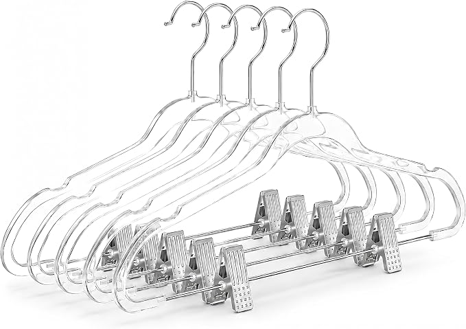 MIZGI Slim Clear Chrome Pants & Skirt Hangers (20 Pack) – Adjustable Clips & Hooks, Transparent Non-Felt, Space-Saving for Dresses, Shirts, Blouses