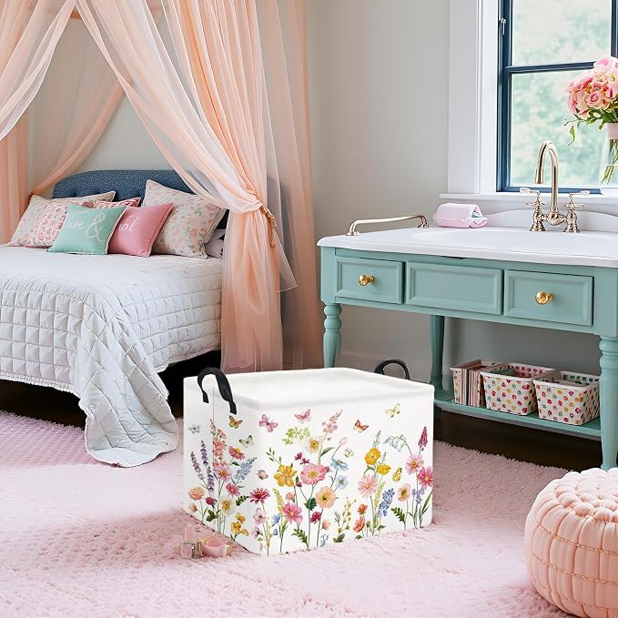 Rectangular Baby Girls Basket Kids Baby Storage Basket Cute Storage Bin Organizer Shelf Book Flower Room Decor(Butterfly Flower)