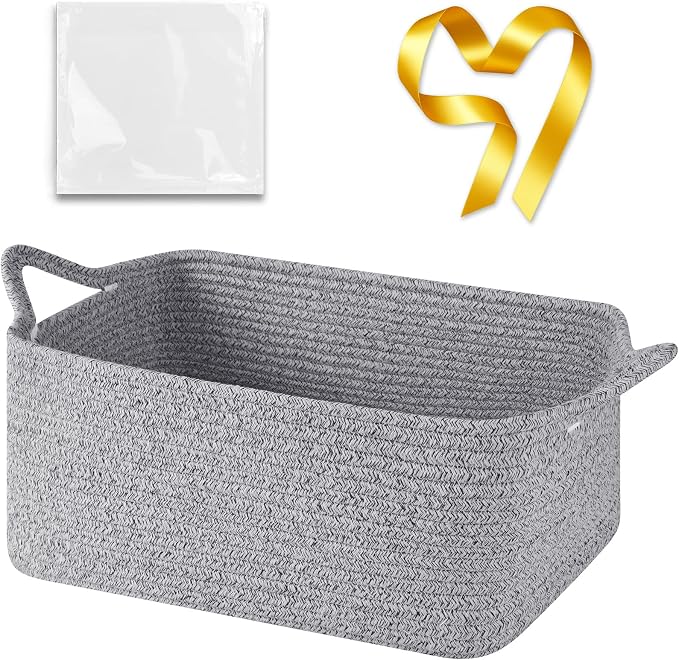 OIASKET Large Empty Cotton Rope Gift Basket with Handles, 16.5"x12.6"x7" Decorative Woven Storage Basket with Gift Bag and Ribbon Set for Baby Shower, Toy Organizer for Kids, Dogs & Cats - Grey