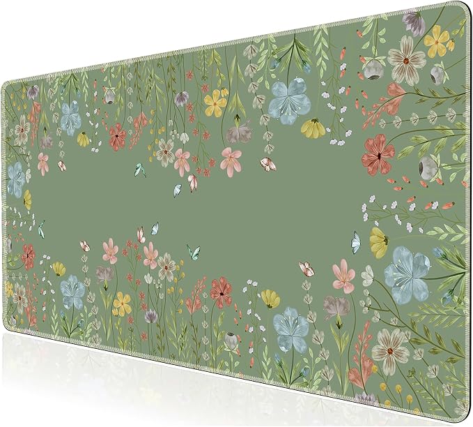L-SPOUTTO Green Floral Desk Mat for Keyboard and Mouse,XXL Large Mouse Pad | Cute Non-Slip Keyboard Pad Waterproof Desktop Mat for Laptop Computer Work Game Home Office