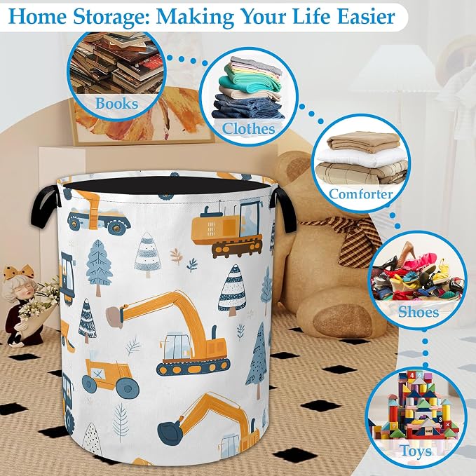 Cartoon Excavator Laundry Basket Collapsible Laundry Hamper Clothes Storage Bin for Bathroom Bedroom Room Decor 16" X 20.8"