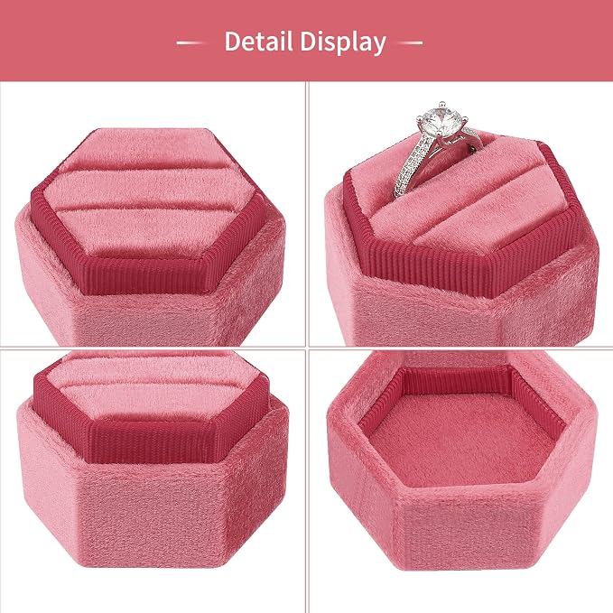 DesignSter Hexagon Velvet Ring Box - Premium Gorgeous Vintage Double Ring Display Holder with Detachable Lid for Proposal, Engagement, Wedding, Ceremony(Hot pink)
