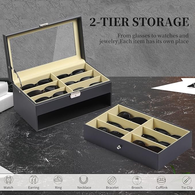 AUTOARK Leather 12 Piece Sunglass Storage Display Case,Black,AW-023 | Eyeglasses Organizer,Drawer Style,Lockable,Glass Top