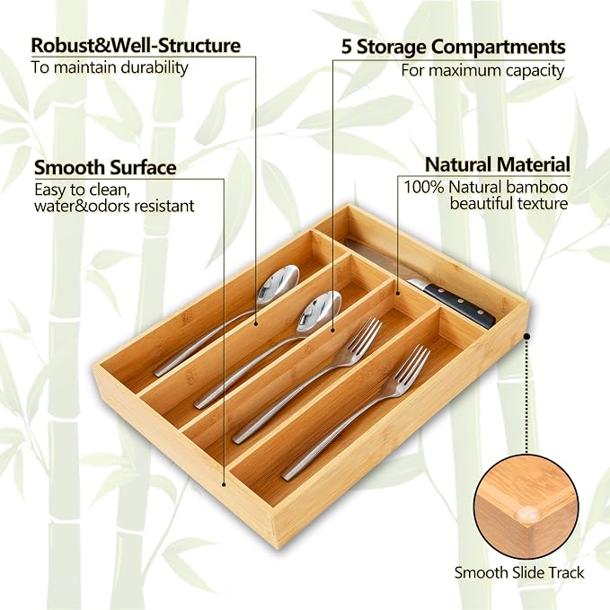 Silverware Organizer, 10 Inch Utensil Organizer Kitchen Drawer Organizer Bamboo Silverware Holder Cutlery Tray Organizer in Drawer Flatware Organizer Tray(5 slots, Natural