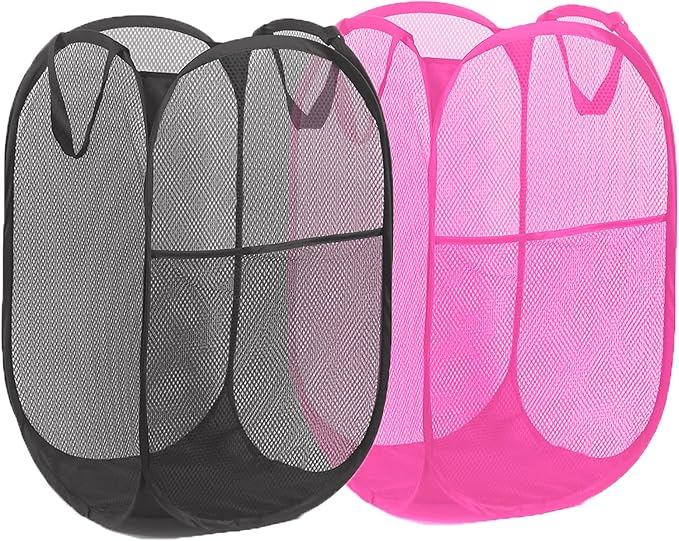 Pop Up Laundry Hamper Pack of 2 Mesh Collapsible Laudry Baskets with Side Pocket and Handles, Easy to Carry for Cruise, Home, Dorms, Laundry Room (Black+Rose red)