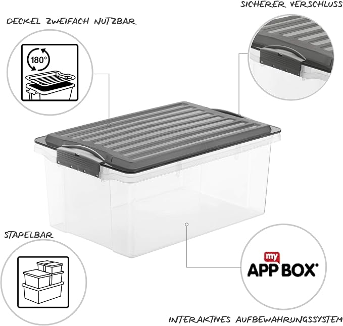 Rotho, Compact, Storage box 13 l with lid A4, Plastic (PP) BPA-free, grey/transparent, A4/13l (39,5 x 27,5 x 18,0 cm)