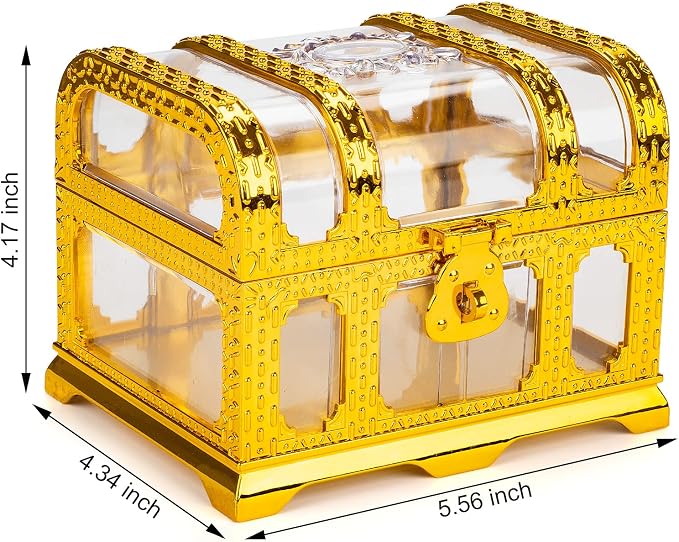 Treasure Chest with Lock and Key,Pirate Theme Party Favors for Kids,Transparent Golden Pirate Chest