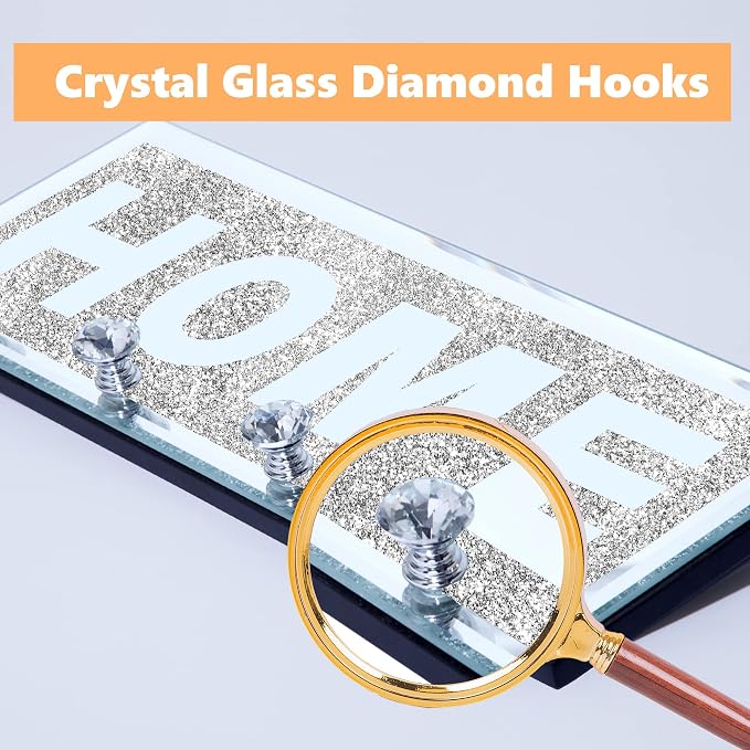 SHYFOY Crystal Clear Hooks Key Holder Key Hanger, Sparkly Mirrored Home Letters Plaque Sign for Decor, Silver Mirror Decoration Wall Art, Wall Mounted Home Decor