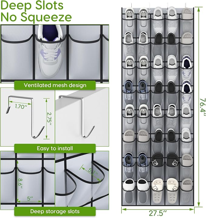 Over the Door Shoe Organizer with 40 Large Breathable Mesh Pockets, Space Saving Shoe Holder, Hanging Shoe Rack for Entryway Bedroom Closet Storage (Grey, 80 Pockets)