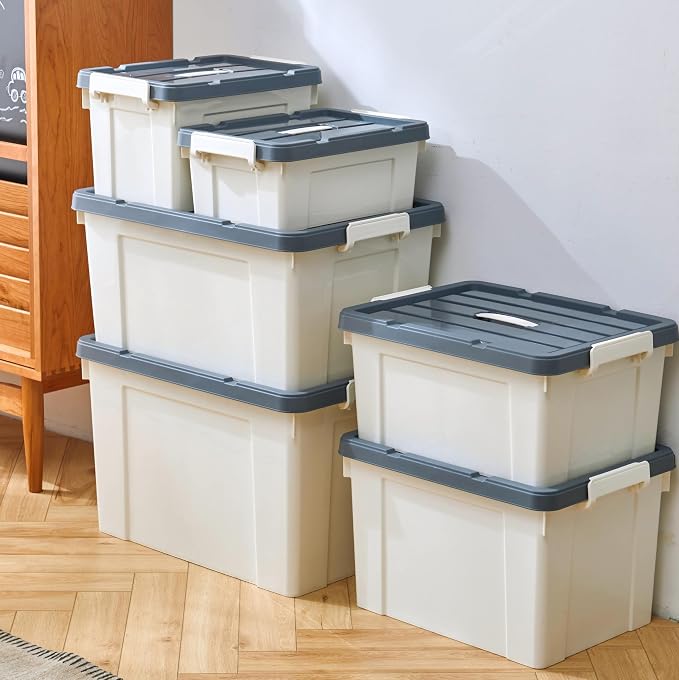 Cetomo Lidded Storage Bin with Handle, Tote Organizing Container with Wheels, Lid and Secure Latching Buckles, Stackable and Nestable, Plastic, 95 Quart-4 Pack, White