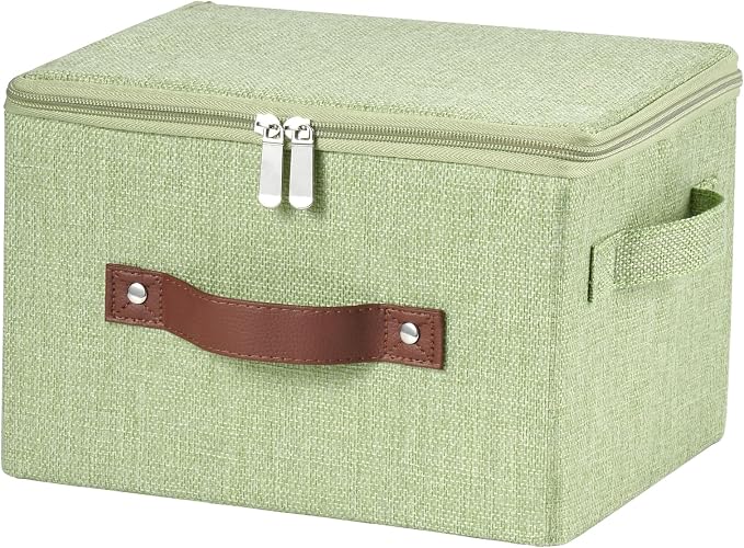 Storage Bins with Zipper Lid Cotton Linen Fabric Lidded Storage Baskets Boxes Foldable Washable Closet Shelf Clothes Organizer Container with PU Leather Handles (Green, Small Size)