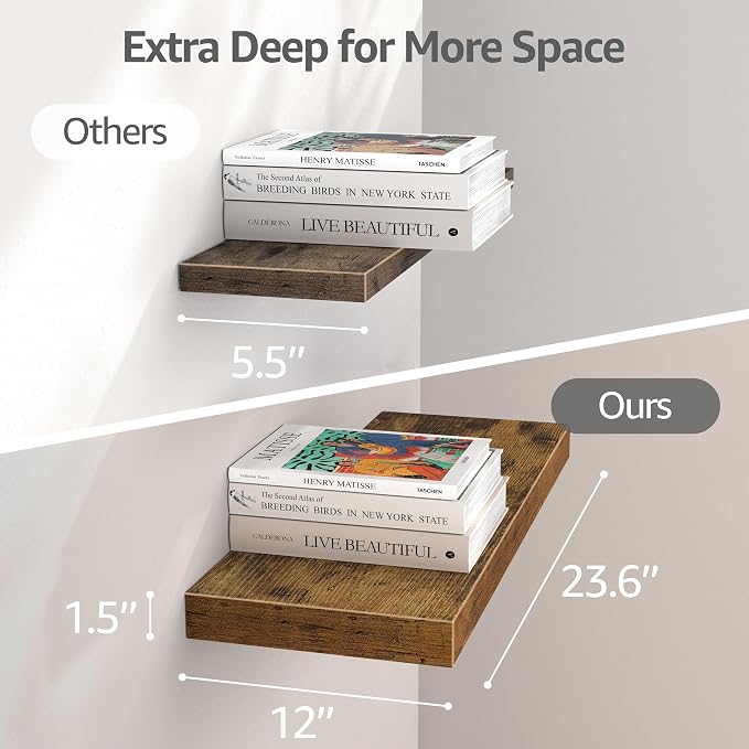QEEIG 12" Deep Floating Shelves for Wall - 12 x 24 inch Book Shelf Bathroom Bedroom Kitchen Living Room Hanging Bookshelf Farmhouse Set of 3, Brown (026-60BN3)