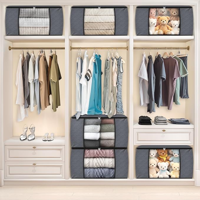 Fab totes 6 Pack Storage Bags for Clothes and Blanket, Foldable Closet Organizers and Storage with Zippers, Clear Window and Handles, Fabric Storage Bins for Sweater, Comforter, Bedding,Linen Sheets