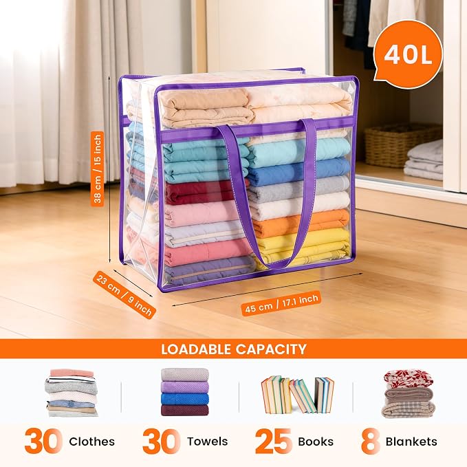 6 Pack Clear Clothes Storage Bags, Double Zipper Design 40L Underbed Moving Bags for Blankets and Clothes, Large Capacity Closet Organizers and Storage for Dormitory, Bedroom, Closet-Purple