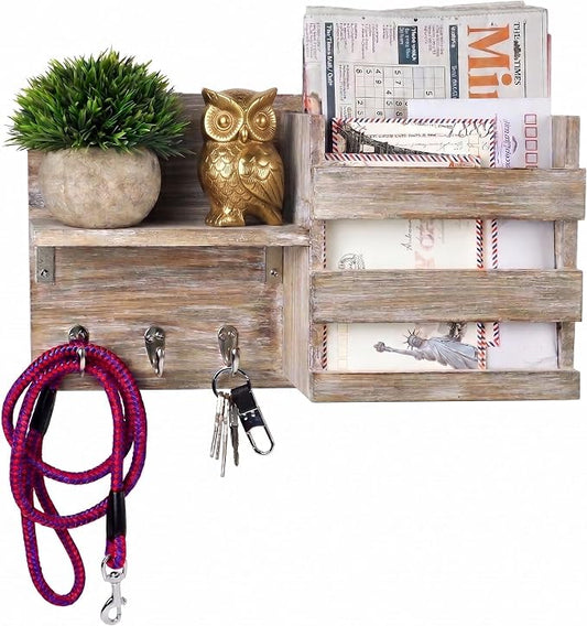 Rustic Wooden Wall-Mounted Key Hooks Holder & Mail Sorter | Farmhouse Decor | 3 Metal Hooks & Small Shelf | Natural Torched Wood | Easy Installation