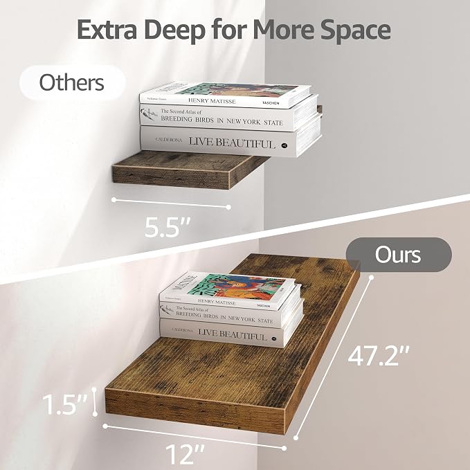 QEEIG 12" Deep Floating Shelves for Wall - 12 x 48 inch Book Shelf Bathroom Bedroom Kitchen Living Room Hanging Bookshelf Farmhouse Set of 3, Brown (026-120BN3)
