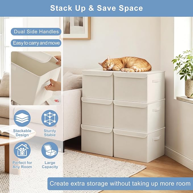 Bagnizer Large 22 Quart [4-Pack] Linen Fabric Foldable Storage Bin Cube Organizer Basket with Flip-Top Lid & Handles, Clothes Blanket Box for Home, Office, Closet (14.6 x 9.5 x 9.5, Beige)