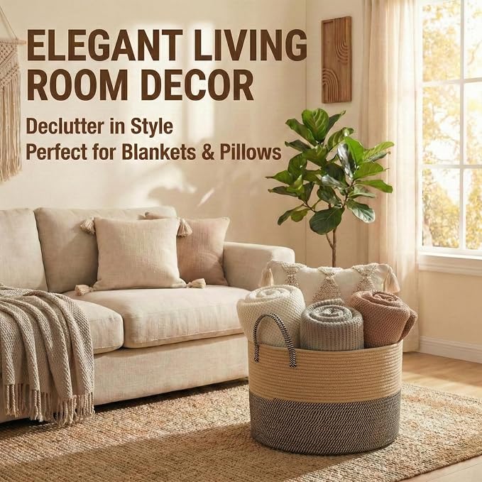 JMvicyroam 65L Extra Large Blanket Basket for Living Room - Woven Cotton Rope Laundry Hamper with Reinforced Handles - Storage Bin for Pillows, Comforters & Toys - Machine Washable,Jute&Black