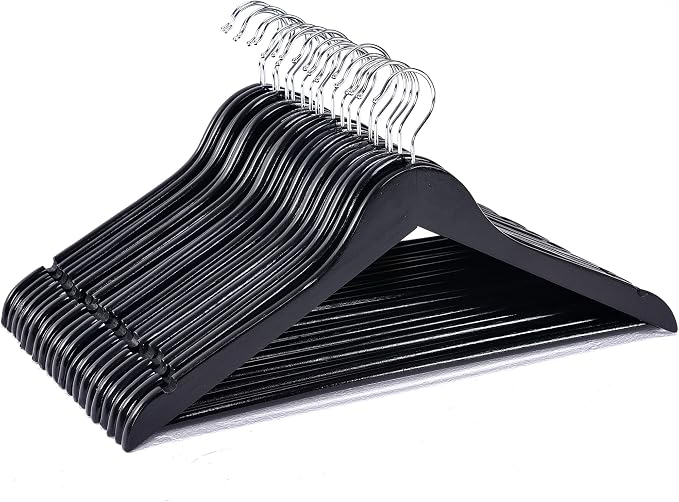 JS Hanger Wooden Coat Hangers, 20 Pack High Grade Wood Suit Hangers with Non Slip Pant Bar - Extra Smooth and Splinter Free Black Finish Wooden Suit Hangers for Closet Organization