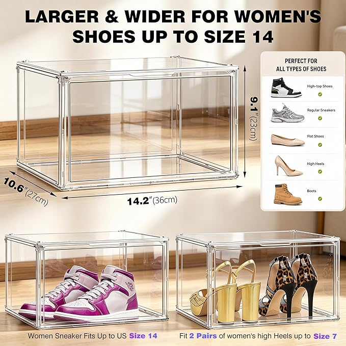 Large Clear Acrylic Sneaker Boxes Fits Size 13, Wide Magnetic Door, 12 Pack | Exterior 14.1 x 10.6 x 8.9 in; wide magnetic door for sneakers, high tops, men’s shoes and display storage