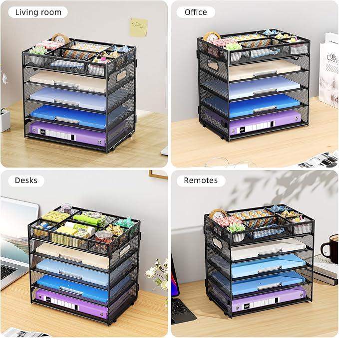 Marbrasse 5 Tier Paper Organizer Letter Tray, Mesh Desk File Organizer with Handle, Paper Sorter Desk Organizer for Home Office Supplies - Black, Adjustable
