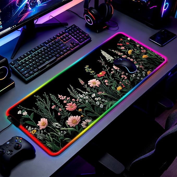 RGB Pretty Wildflower Gaming Desk Mat, Computer Keyboard Large Extended Flowers LED Mouse Pad for Office and Home, 31.5×11.8 Inches, XL