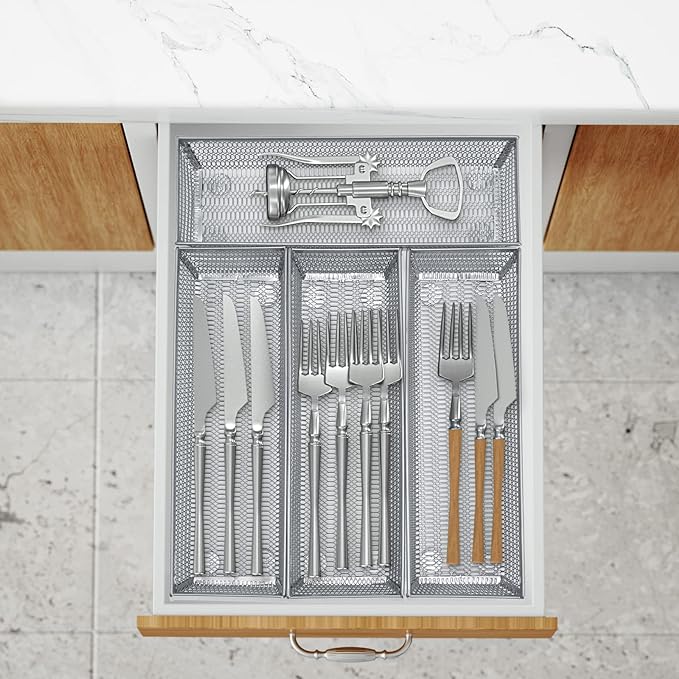 Neudeco Silverware Organizer, Silver, 9 * 3 * 2 inch, Pack 6 | Mesh Drawer Organizer, Metal Utensil Organizer, For Flatware, Knives, Spoons, Cosmetic
