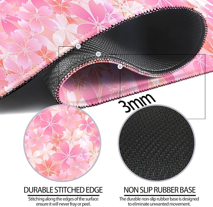 Japanese Cherry Blossom Gaming Desk Mat, Computer Keyboard Large Extended Flowers Mouse Pad for Office and Home, 31.5×11.8 Inches, XL, Pink