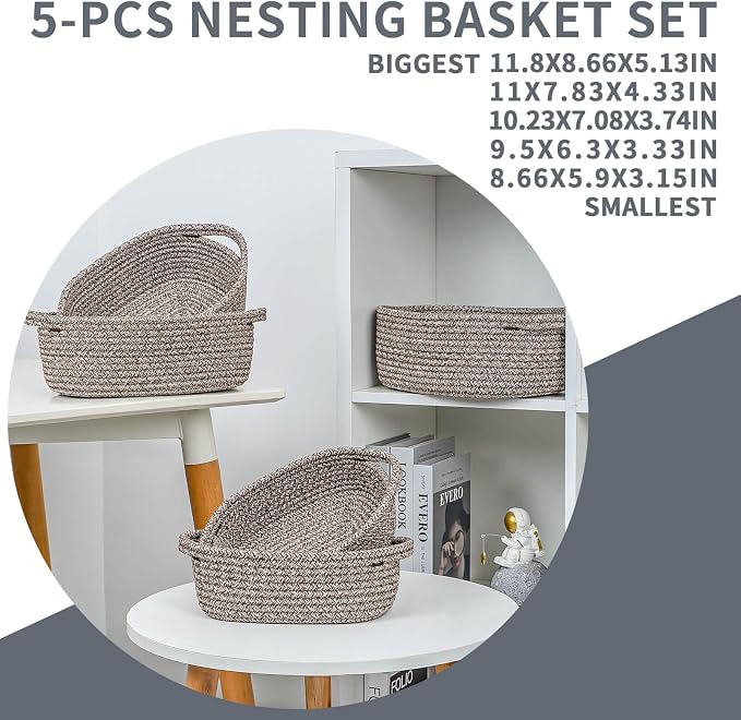 CubesLand Small Storage Basket Cotton Rope Organizer Baskets for Shelves | Set of 5 Decorative Closet Storage Bins with Handle for Countertop, Toilet Paper Basket for Toilet Tank Top, Mixed Brown