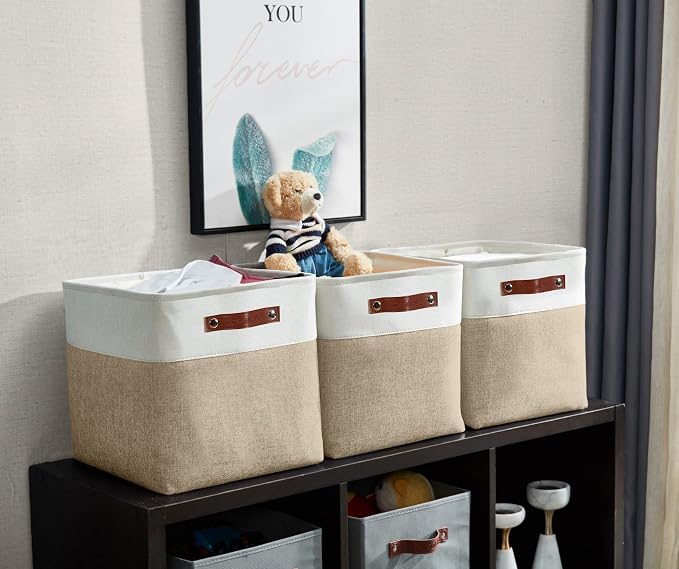 DECOMOMO Cube Storage Bin 11x11, Fabric Storage Bins, Kallax Storage Cubes (Beige & White, 4 Pack)