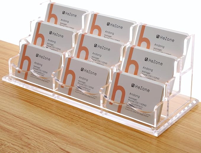 HeZone Business Card Holder for Desk, Multiple Cards Display Stand Rack for Women and Men, Clear Acrylic Card Organizer 9 Slot 3 Tiers