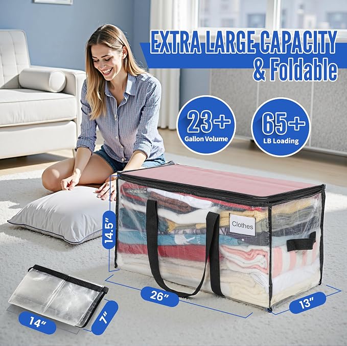 BAGAIL Heavy Duty Moving Bags with Strong Handle, Extra Large Moving Boxes, Storage Tote for Clothes, College Moving Supplies(Clear, 8 Pack)